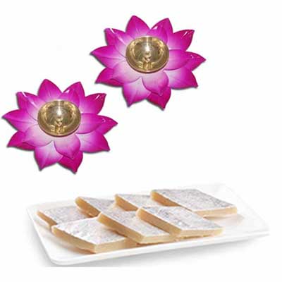 "Fancy Lotus Brass Diyas (Set of 2)(voilet),250gms of kaju kathili - Click here to View more details about this Product